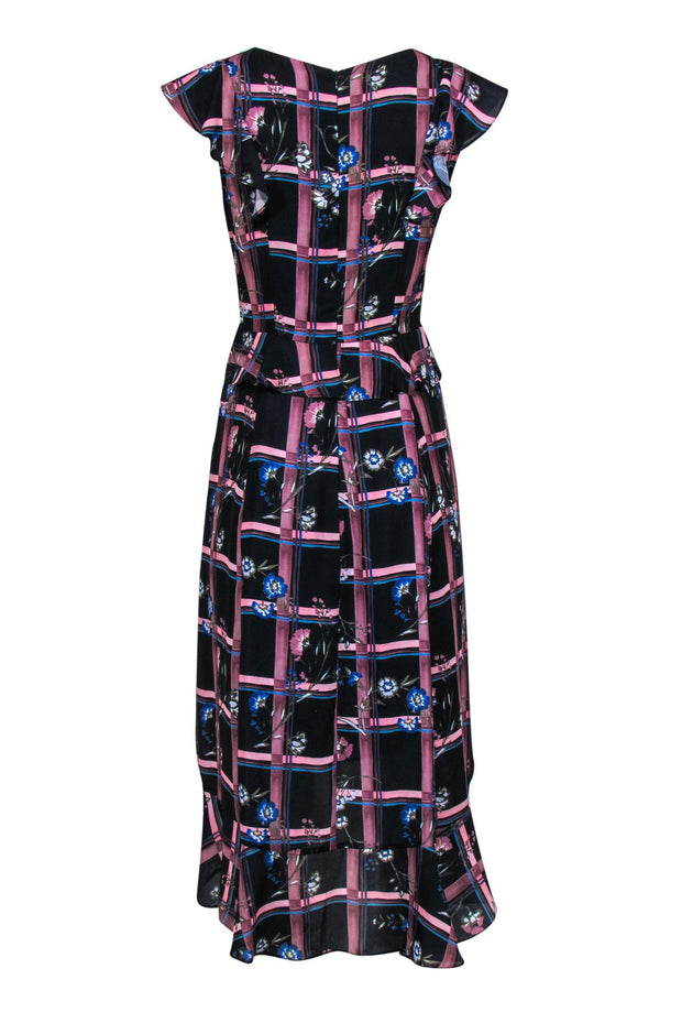 Current Boutique-Parker - Black, Pink & Blue Plaid Floral Ruffled Maxi Dress Sz S