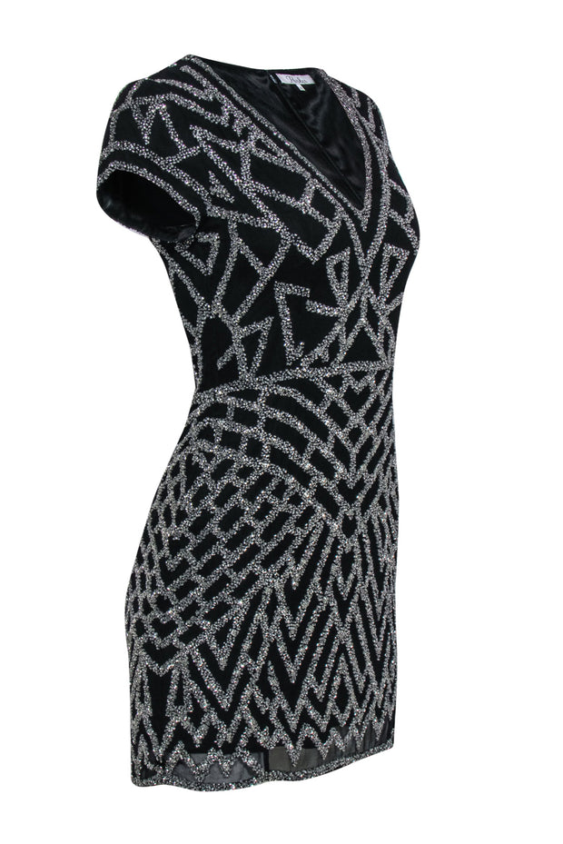 Current Boutique-Parker - Black Short Sleeve Beaded Art Deco Cocktail Dress Sz S