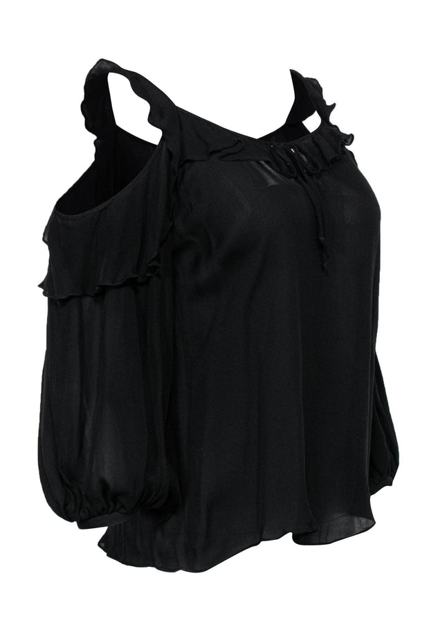 Current Boutique-Parker - Black Silk Cold-Shoulder Ruffle Top Sz XS