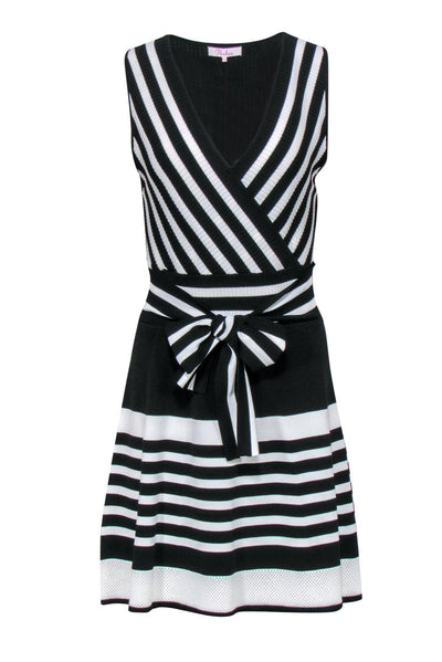 Current Boutique-Parker - Black & White Striped Sleeveless Ribbed Fit & Flare Dress Sz M