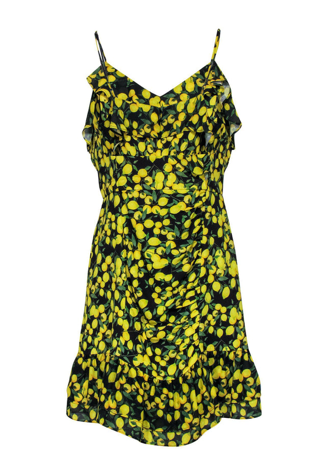 Current Boutique-Parker - Black & Yellow Lemon Print Ruched Sheath Dress Sz M
