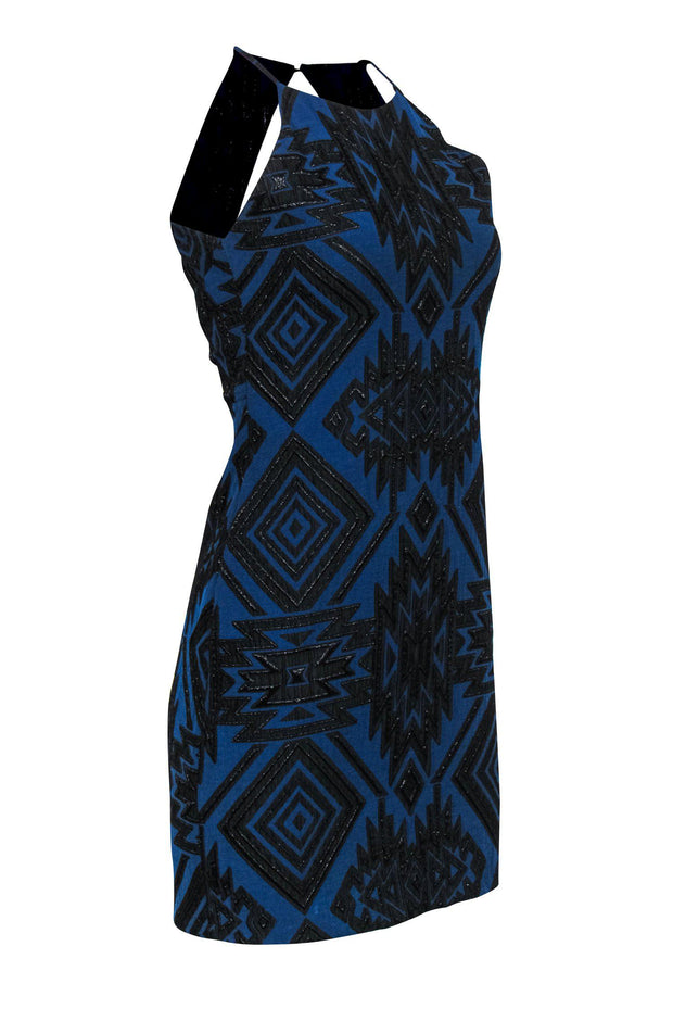 Current Boutique-Parker - Blue & Black Aztec Print Sleeveless Sheath Dress w/ Metallic Threading Sz M