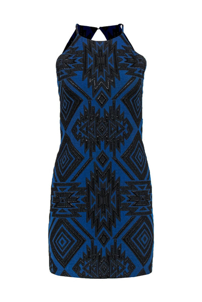 Current Boutique-Parker - Blue & Black Aztec Print Sleeveless Sheath Dress w/ Metallic Threading Sz M