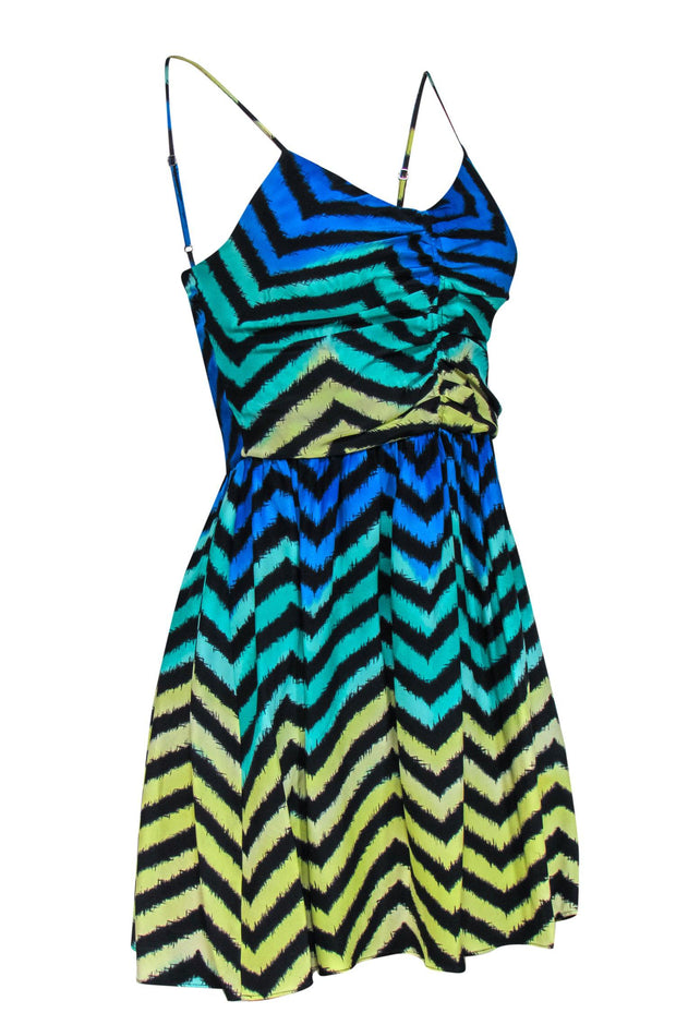 Current Boutique-Parker - Blue & Green Marbled Striped Silk Ruched Dress Sz XS