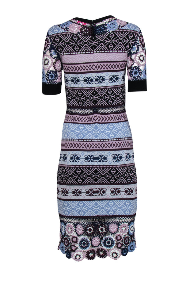 Current Boutique-Parker - Blue, Lilac & Plum Knit Dress w/ Crochet Flowers & Motif Pattern Sz L