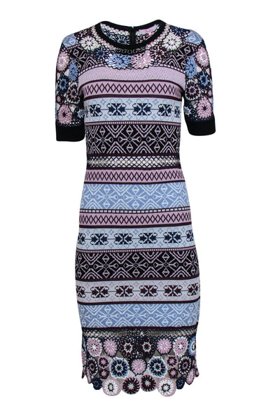 Current Boutique-Parker - Blue, Lilac & Plum Knit Dress w/ Crochet Flowers & Motif Pattern Sz L