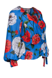 Current Boutique-Parker - Blue & Red Floral Silk Blend Wrap Blouse Sz S