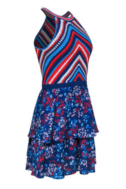 Current Boutique-Parker - Blue, Red & White Floral Print & Crochet Fit & Flare Dress Sz 2