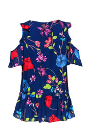 Current Boutique-Parker - Blue Ruffle Sleeveless Blouse w/ Floral Pattern Sz S
