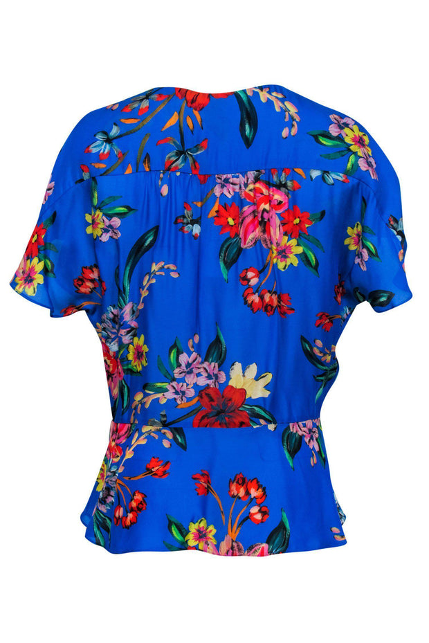 Current Boutique-Parker - Blue Tropical Floral Print Short Sleeve Blouse w/ Tie Sz L