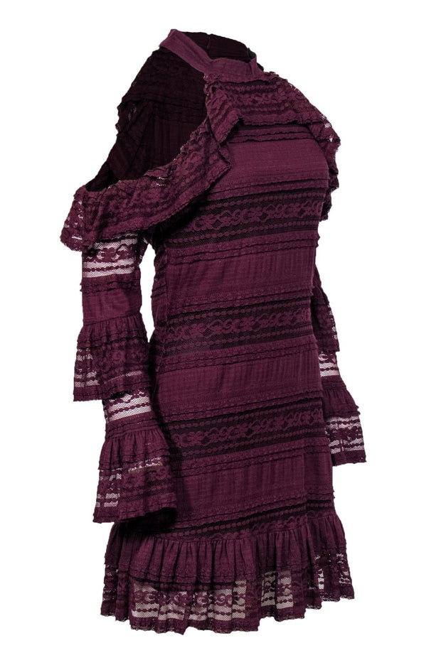 Current Boutique-Parker - Dark Purple Lace Long Sleeve A-Line Dress w/ Cold Shoulder Cutouts Sz M