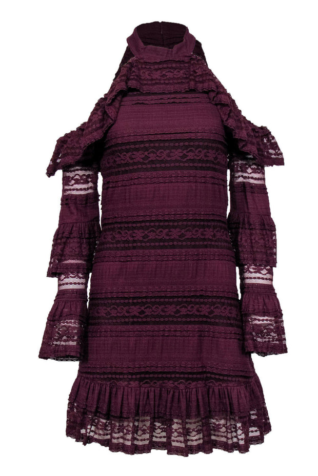 Current Boutique-Parker - Dark Purple Lace Long Sleeve A-Line Dress w/ Cold Shoulder Cutouts Sz M