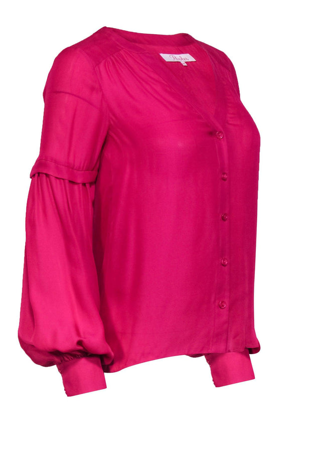 Current Boutique-Parker - Fuchsia Silk Blend Button Front Balloon Sleeve Blouse Sz XXS