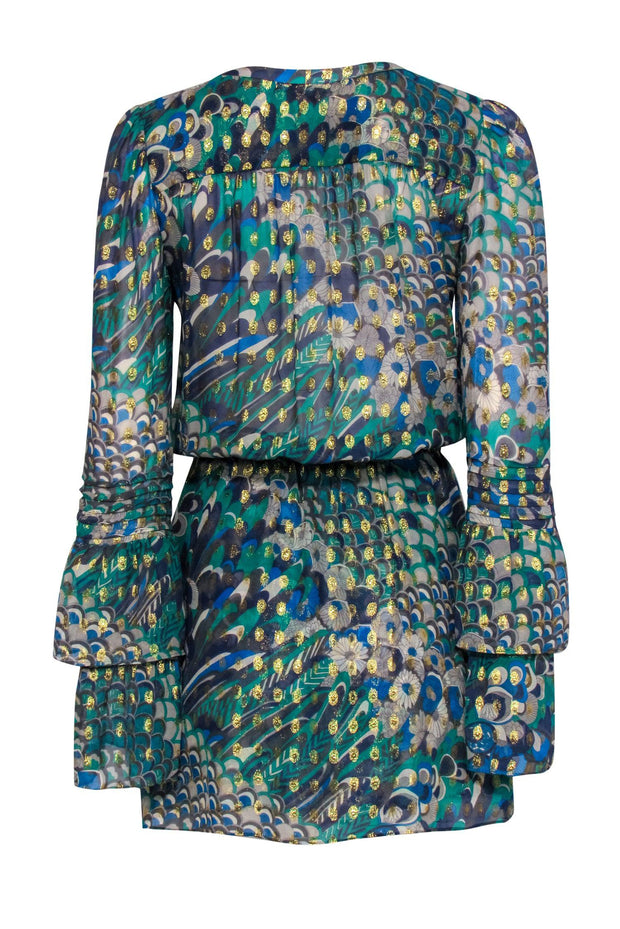 Current Boutique-Parker - Green, Blue & Gold Bohemian Print Bell Sleeve Silk Dress Sz S