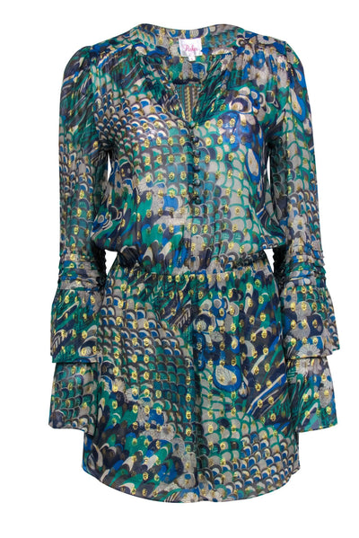 Current Boutique-Parker - Green, Blue & Gold Bohemian Print Bell Sleeve Silk Dress Sz S