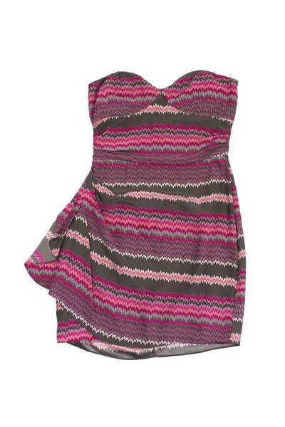 Current Boutique-Parker - Grey & Pink Zig Zag Print Strapless Dress Sz S