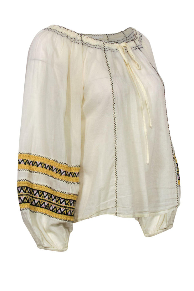 Current Boutique-Parker - Ivory Long Sleeve Peasant Blouse w/ Yellow Embroidered Trim Sz S