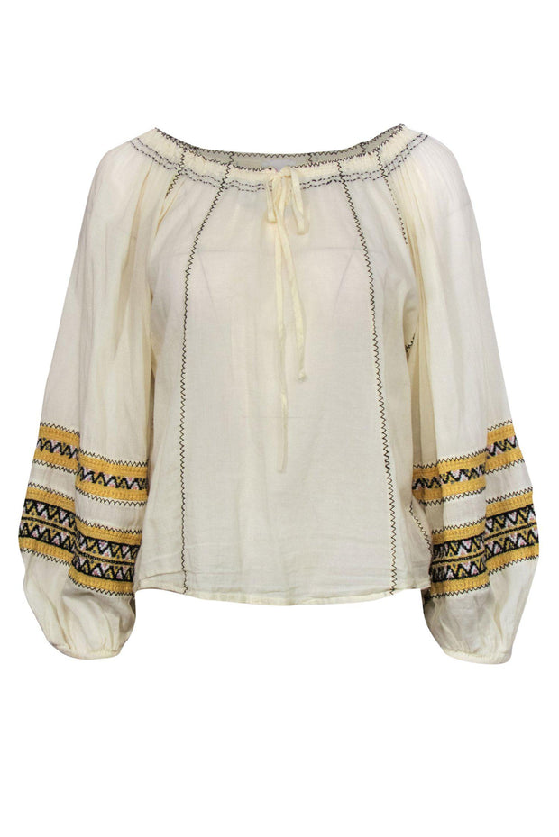 Current Boutique-Parker - Ivory Long Sleeve Peasant Blouse w/ Yellow Embroidered Trim Sz S