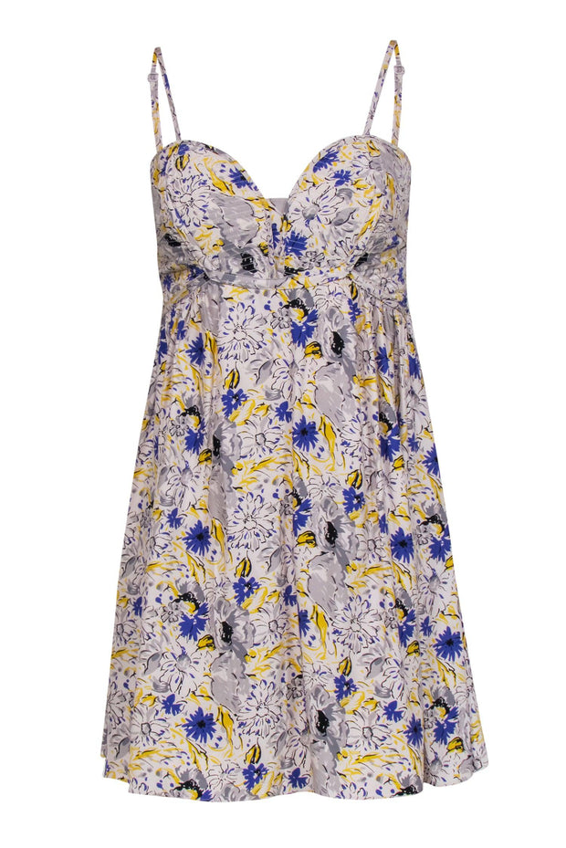 Current Boutique-Parker - Light Grey Quilted Bodice Mini Dress w/ Floral Print Sz S