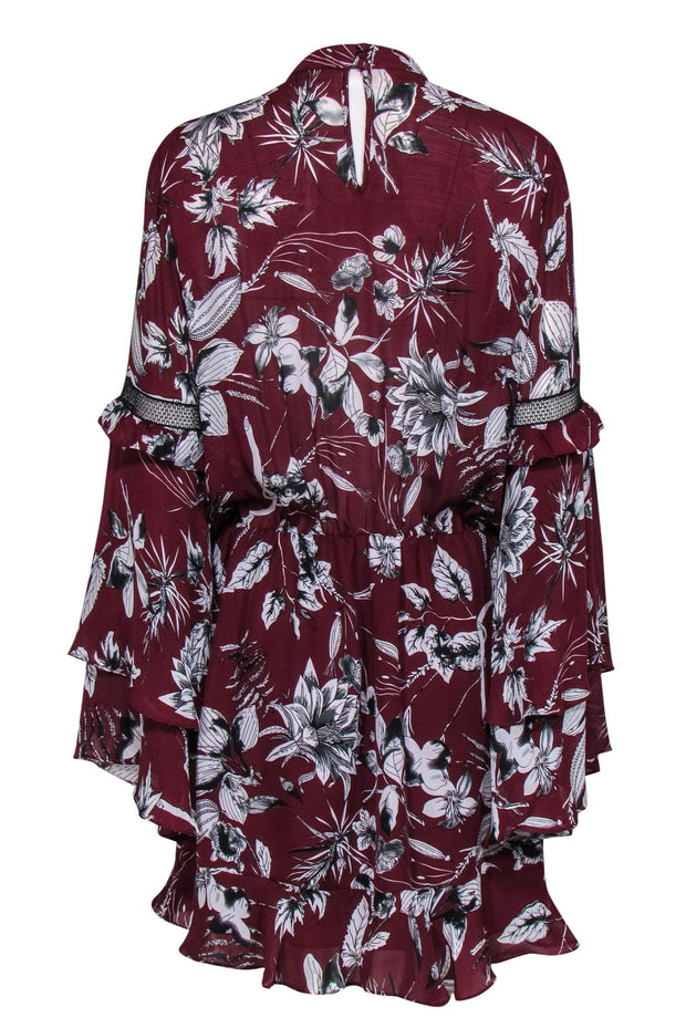 Current Boutique-Parker - Maroon & White Floral Keyhole Front Dress w/ Tiered Sleeves Sz L