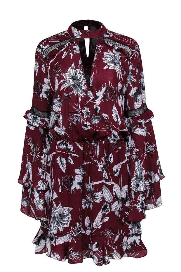 Current Boutique-Parker - Maroon & White Floral Keyhole Front Dress w/ Tiered Sleeves Sz L