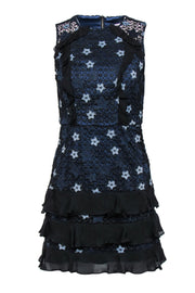 Current Boutique-Parker - Navy, Light Blue & Black Star Lace Ruffled Sheath Dress Sz 0