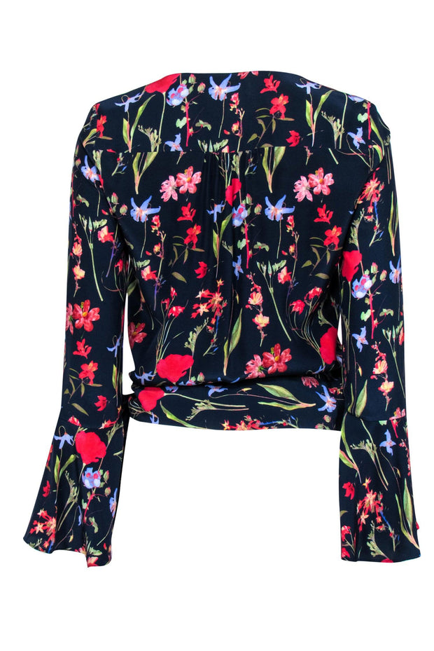 Current Boutique-Parker - Navy & Multicolor Floral Bell Sleeve Silk Wrap Blouse Sz XS