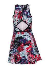 Current Boutique-Parker - Navy, Red, & Grey Floral Print Fit & Flare Mini Dress w/ Cutout Back Sz S