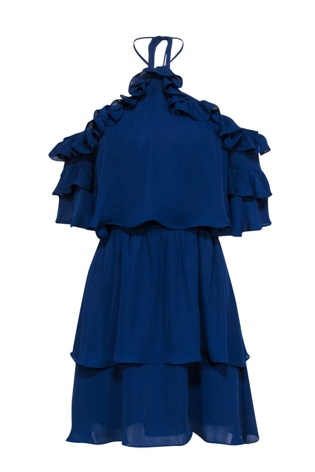 Current Boutique-Parker - Navy Ruffle Cold Shoulder Tiered Cocktail Dress Sz L