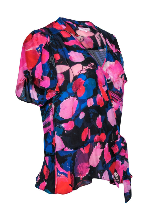Current Boutique-Parker - Pink, Red, & Blue Floral Print Silk Blend Faux Wrap Flutter Sleeve Blouse Sz L