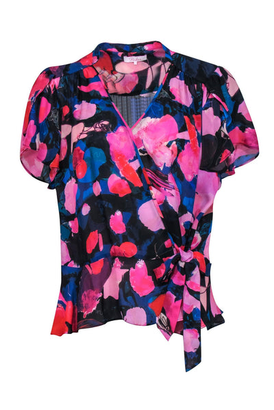 Current Boutique-Parker - Pink, Red, & Blue Floral Print Silk Blend Faux Wrap Flutter Sleeve Blouse Sz L