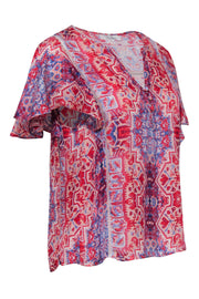 Current Boutique-Parker - Red & Blue Ruffle Sleeve Printed Blouse Sz XS