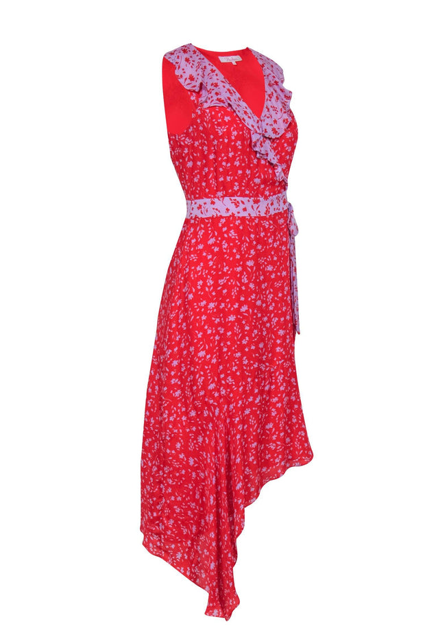 Current Boutique-Parker - Red & Lilac Contracting Floral Print Silk Faux-Wrap Midi Dress w/ Ruffle Details & Asymmetrical Hemline Sz 2