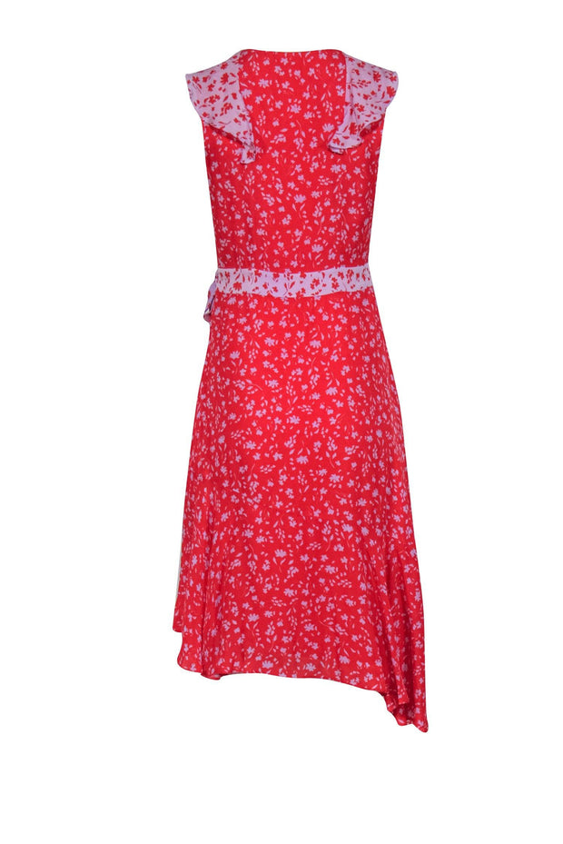 Current Boutique-Parker - Red & Lilac Contracting Floral Print Silk Faux-Wrap Midi Dress w/ Ruffle Details & Asymmetrical Hemline Sz 2