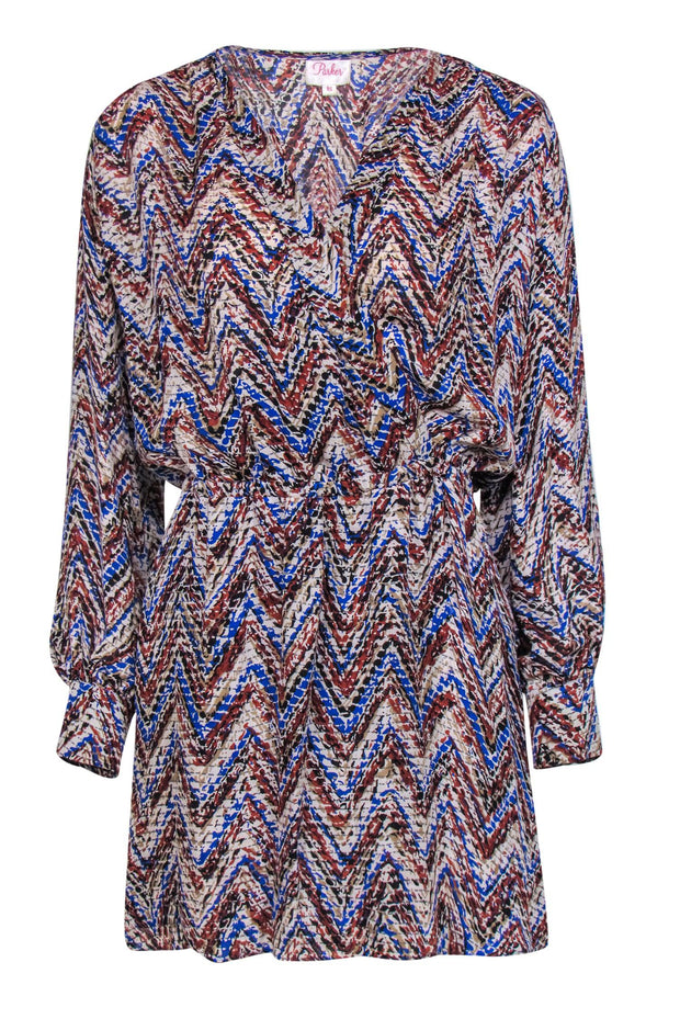 Current Boutique-Parker - Rusty Brown, Blue & Beige Printed Silk Plunge Dress Sz XS