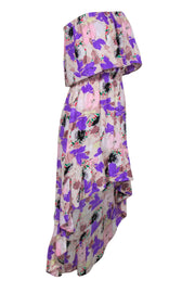 Current Boutique-Parker - Taupe & Multicolor Floral Print Strapless Dress w/ High-Low Hem Sz S
