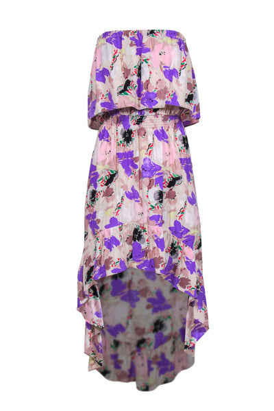 Current Boutique-Parker - Taupe & Multicolor Floral Print Strapless Dress w/ High-Low Hem Sz S
