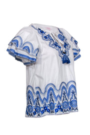 Current Boutique-Parker - White & Blue Embroidered Short Sleeve Blouse w/ Tassels Sz XS
