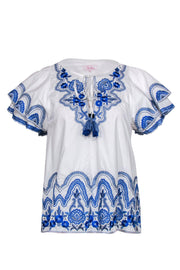 Current Boutique-Parker - White & Blue Embroidered Short Sleeve Blouse w/ Tassels Sz XS