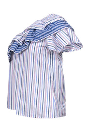 Current Boutique-Parker - White, Blue & Pink Striped Ruffle One-Shoulder Blouse Sz S