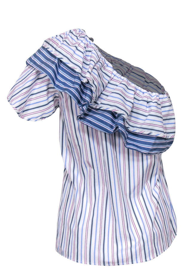 Current Boutique-Parker - White, Blue & Pink Striped Ruffle One-Shoulder Blouse Sz S