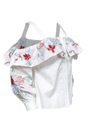 Current Boutique-Parker - White Button-Up Blouse w/ Floral Embroidery & Off-the-Shoulder Design Sz S