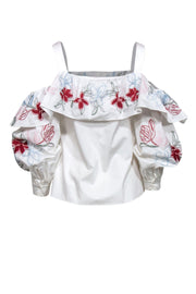 Current Boutique-Parker - White Button-Up Blouse w/ Floral Embroidery & Off-the-Shoulder Design Sz S
