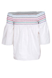 Current Boutique-Parker - White Cotton Off-the-Shoulder Blouse w/ Rainbow Smock Stitching Sz XS