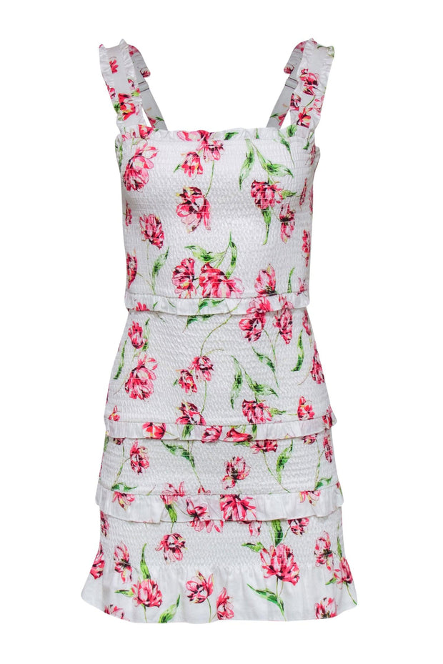Current Boutique-Parker - White, Pink & Green Floral Print Smocked Ruffled Sheath Dress Sz XS