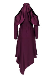 Current Boutique-Parker - Wine Silk Asymmetrical Midi Dress w/ Long Sleeves & Cold Shoulder Sz 0