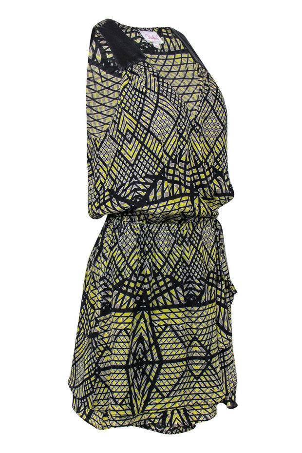 Current Boutique-Parker - Yellow & Black Patterned Silk Wrap Dress w/ Leather Trim Sz S
