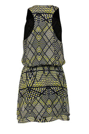 Current Boutique-Parker - Yellow & Black Patterned Silk Wrap Dress w/ Leather Trim Sz S