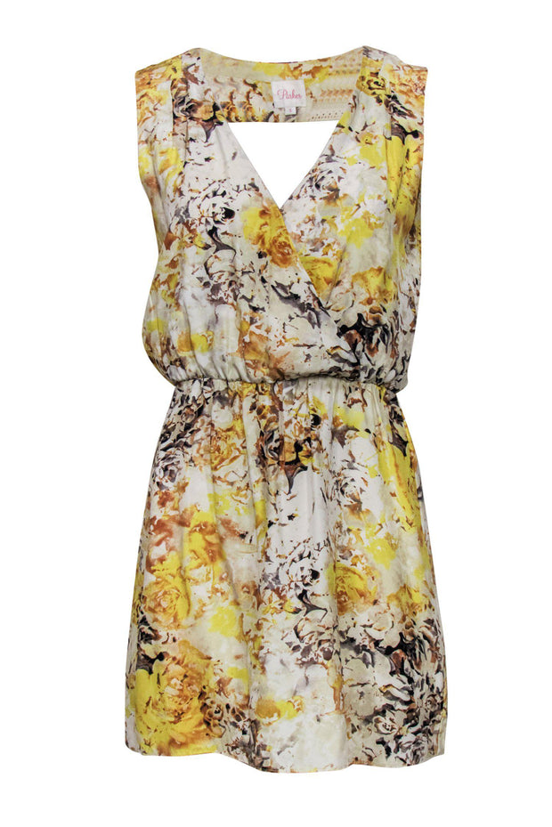 Current Boutique-Parker - Yellow & White Floral Print Sleeveless Silk Sheath Dress Sz S