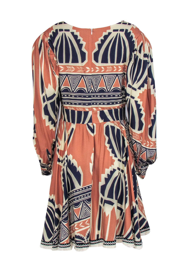 Current Boutique-PatBO - Tan, Cream, & Navy Aztec Print Fit & Flare Dress w/ Puff Long Sleeves Sz 12